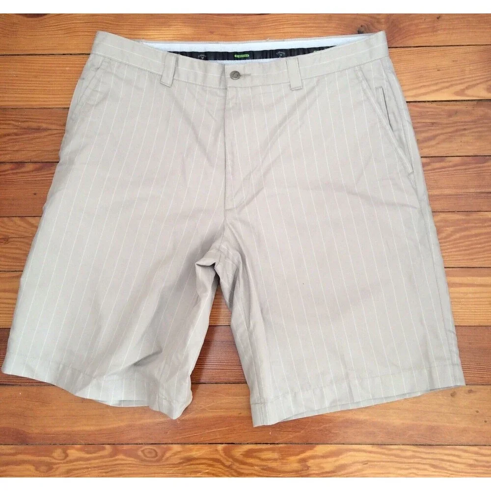 CALLAWAY MEN'S X SERIES SIZE 36 KHAKI STRIPED GOLF SHORTS FLAT FRONT 10